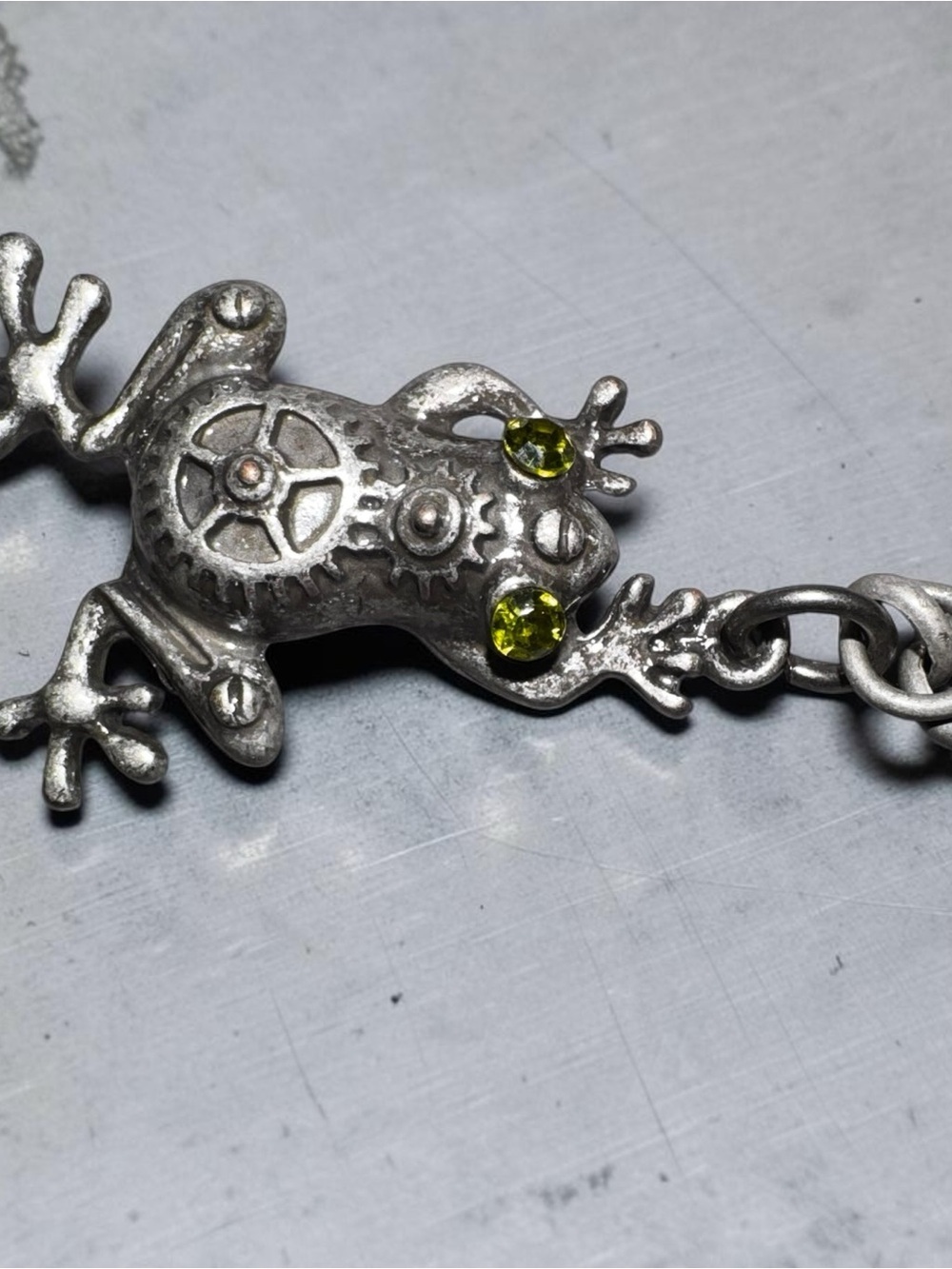 Steampunk Frog Charm Necklace, Green Gem Silver Frog